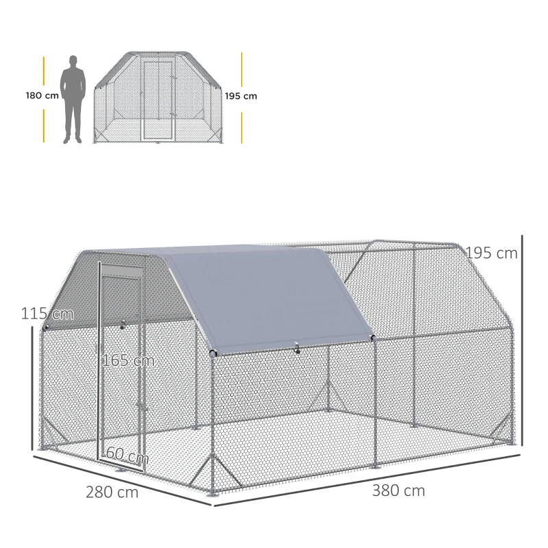 PawHut Gallinero para Exterior Grande 2,8x3,8x1,95 m Jaula de Gallinas de 2 Habitaciones Cubierta de Tela Oxford Anti-UV Plata