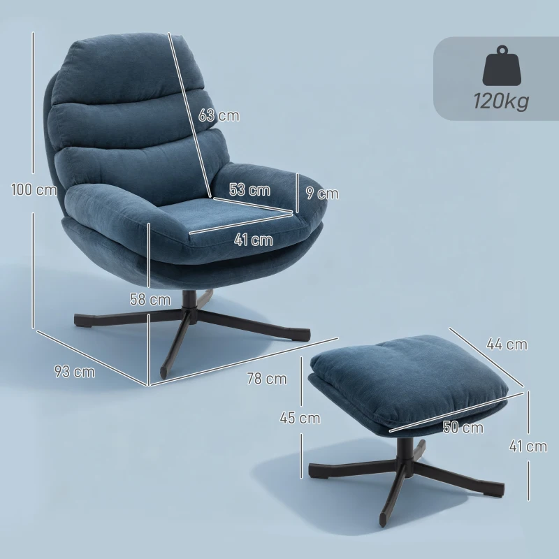 HOMCOM Poltrona Relax com Pufe Poltrona Lounge em tecido chenille Poltrona de TV moderna 78 x 93 x 100 cm Azul