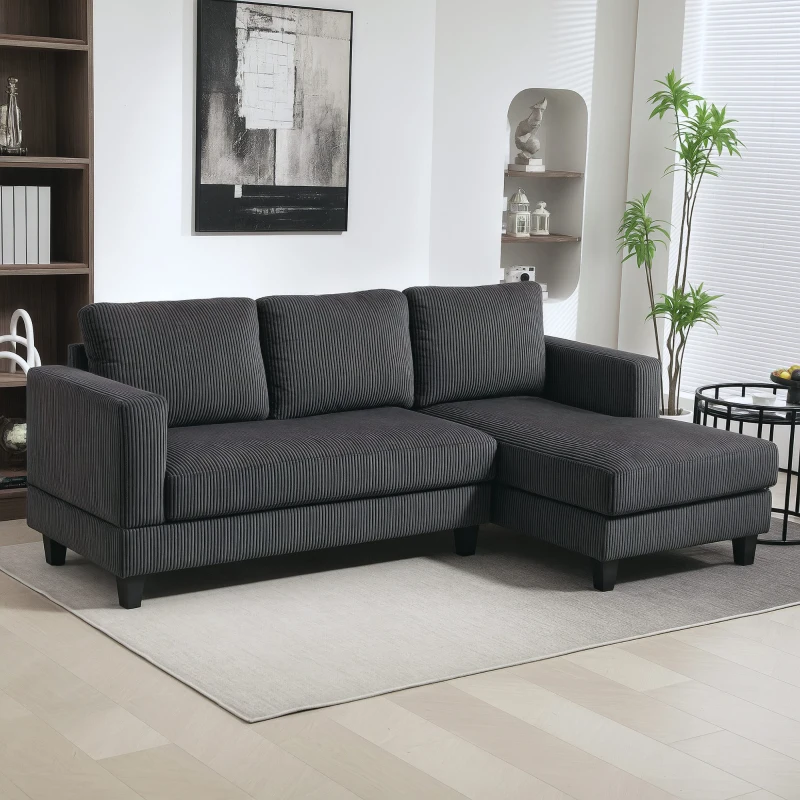 HOMCOM Sofá de canto, Sofá em L 3 lugares com chaise longue, Estrutura em madeira, 8 pés, Veludo cotelê, Estofamento em espuma, Cinza