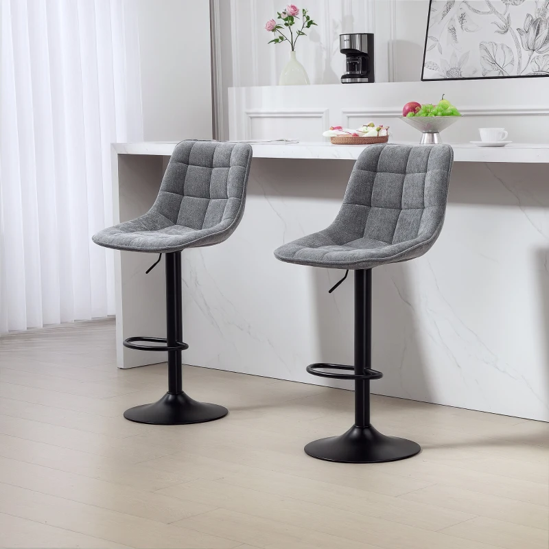 HOMCOM Banqueta de bar moderna, Conjunto 2 bancos giratórios com encosto, regulável em altura, com apoio para os pés, estofada, cinza escuro