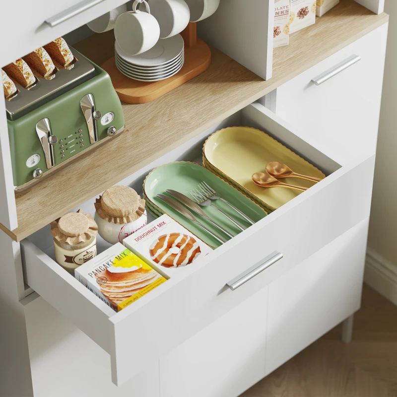 HOMCOM Armário de cozinha com prateleiras abertas, compartimentos, suporte para vinhos, despensa com 5 portas, MDF, Branco