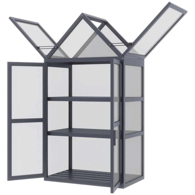 Outsunny Mini Estufa Cama Fria 3 Níveis, Teto Basculante, Portas Duplas, Madeira e Policarbonato, Resistente às Intempéries, Natural, 70,5 x 42 x 132 cm