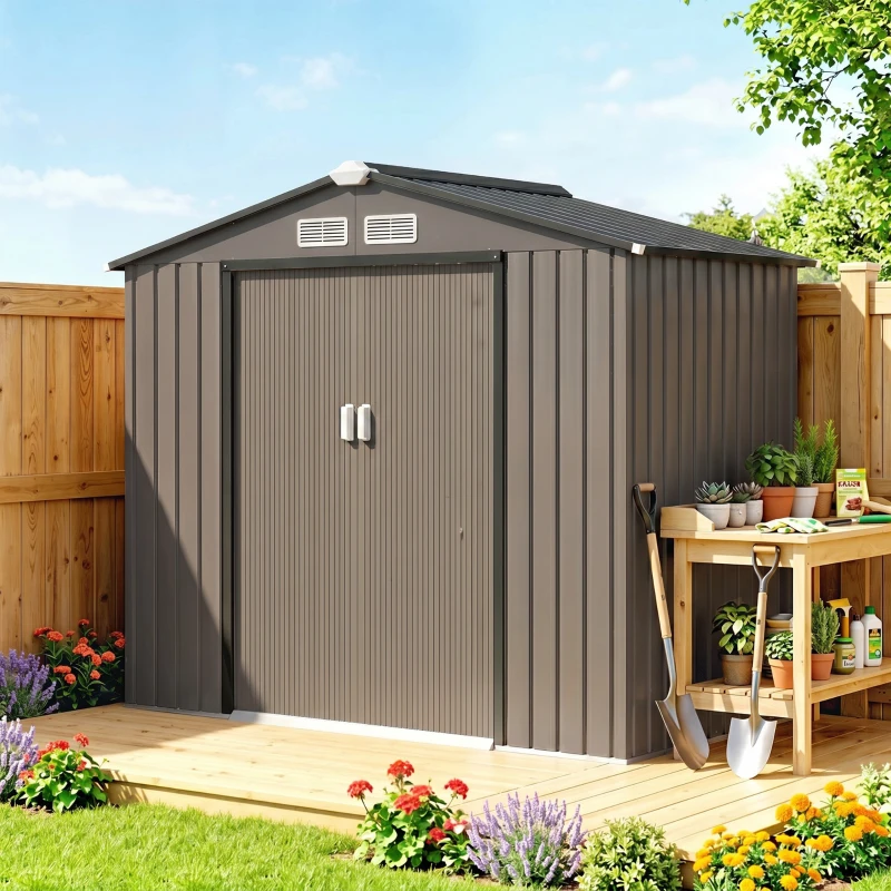 Outsunny Abri de Jardin 2,77 m² cabane de jardin armoire de jardin Dim. 213L x 130l x 185H cm Porte coulissante Acier marron