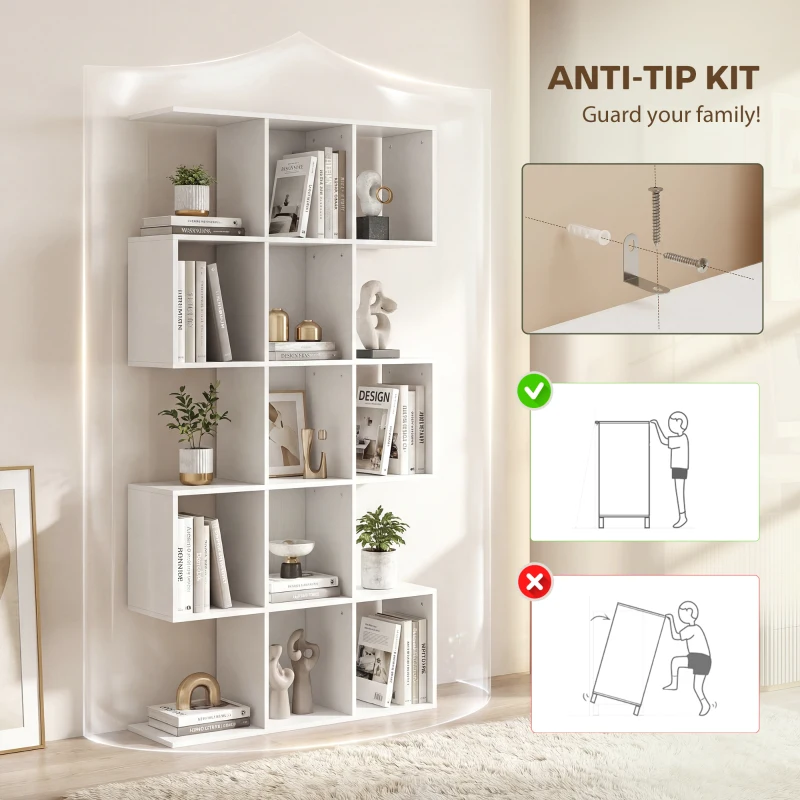 HOMCOM 5-Tier Bookshelf, S Shaped Geometric Bookcase with 15 Compartments, White Wood Effect