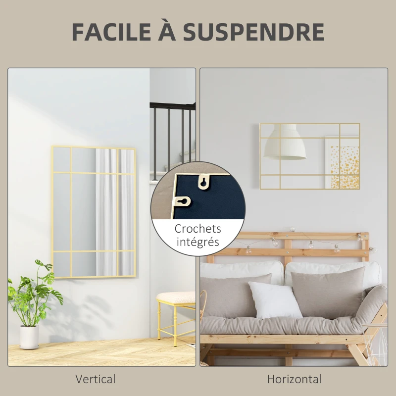HOMCOM Miroir mural verrière rectangulaire style fenêtre, horizontal ou vertical avec 4 crochets, en métal doré - 90x60 cm
