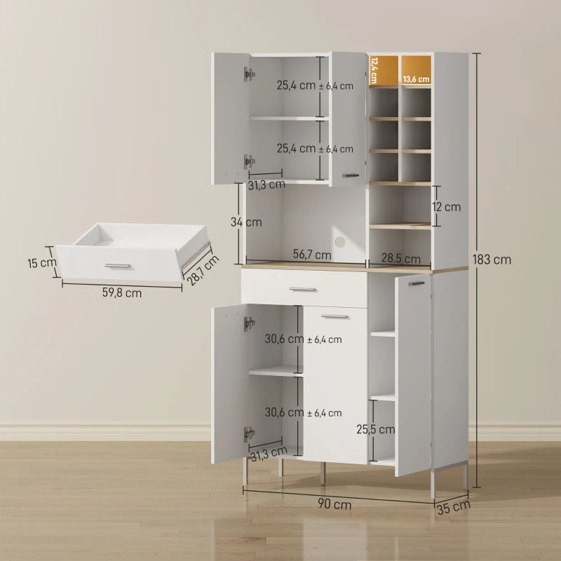 HOMCOM Armário de cozinha com prateleiras abertas, compartimentos, suporte para vinhos, despensa com 5 portas, MDF, Branco
