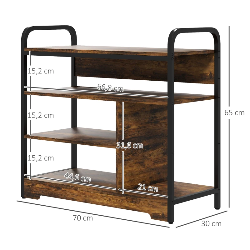 HOMCOM Sapateira 4 níveis, design aberto, estrutura metálica, pés ajustáveis, 70x30x65 cm, Castanho/Preto
