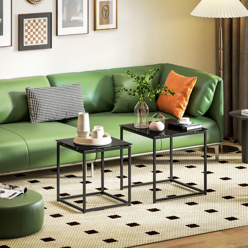 HOMCOM Conjunto de 2 mesas laterais, design moderno, empilhável, mesa de vidro, preto
