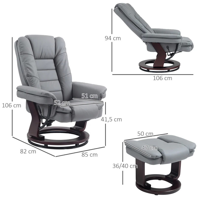 HOMCOM Poltrona relax com pufe, poltrona reclinável, giratória, encosto inclinável, efeito couro, até 130 kg, Cinza