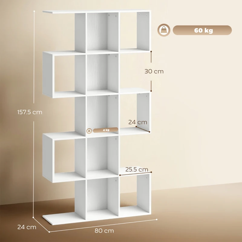 HOMCOM 5-Tier Bookshelf, S Shaped Geometric Bookcase with 15 Compartments, White Wood Effect