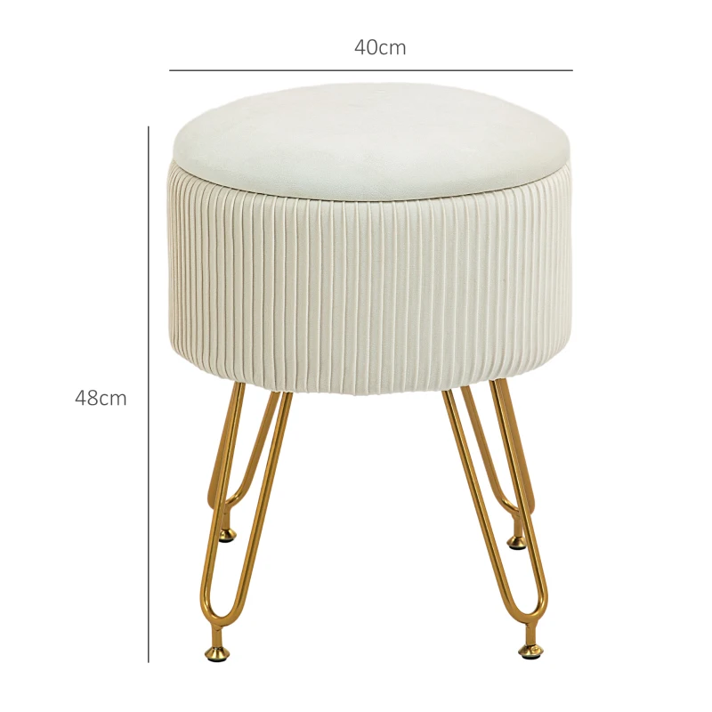 HOMCOM Pufe de arrumação 2-em-1 com pés de metal, pufe redondo para sala, quarto, hall, Cremebranco