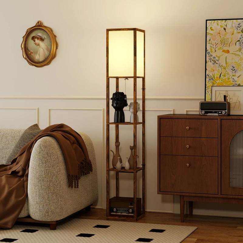 HOMCOM Floor Lamp with Shelves, 4 Layer Standing Lamp with USB Ports, 3 Colour Temperature, Rustic Brown