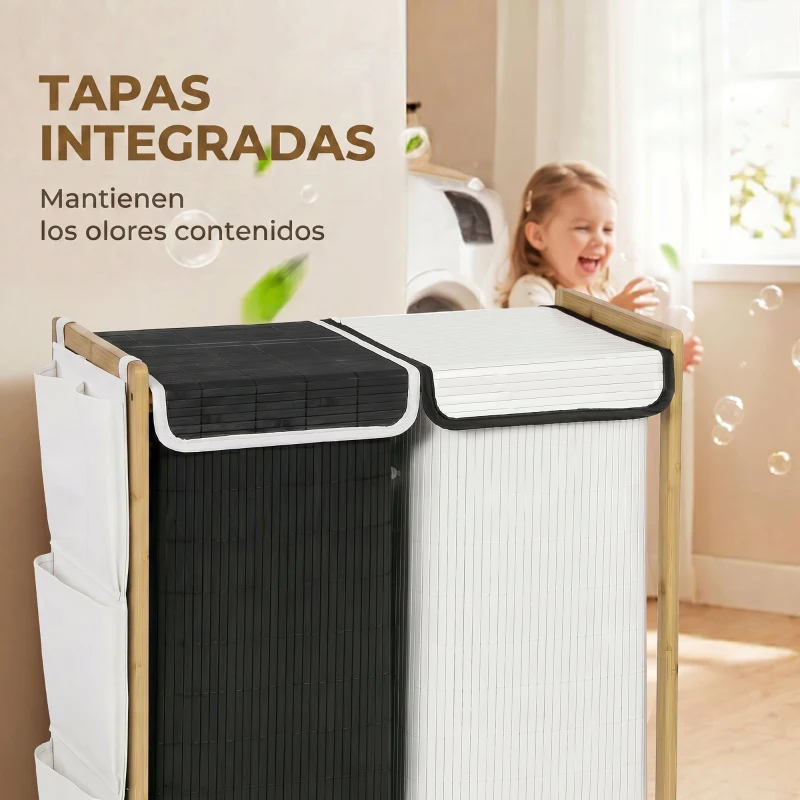 HOMCOM Cesto de Ropa Sucia con Tapa 120L de Bambú con 2 Compartimentos Bolsas con Cordón Bolsillos Laterales Blanco y Negro