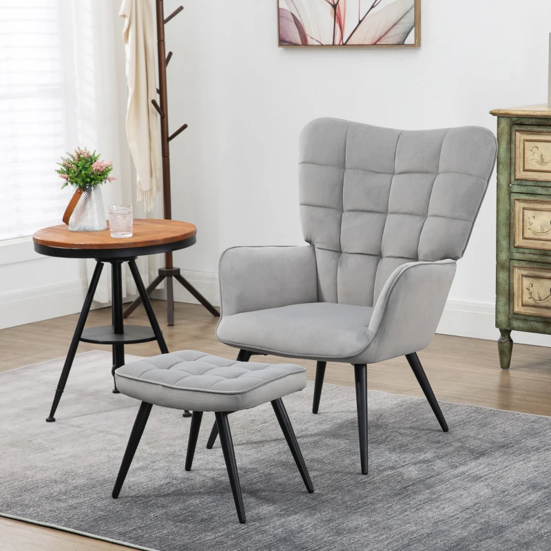 HOMCOM Poltrona relax com otoman, poltrona com apoio para os pés, conjunto de 2 peças, cinza