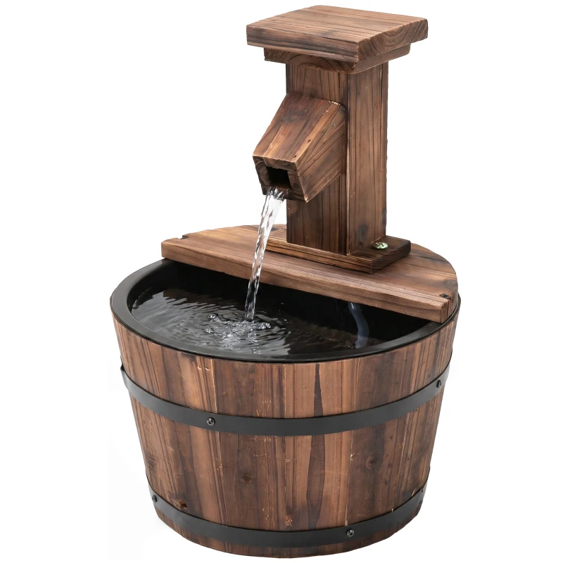 Outsunny Fonte elétrica para jardim ao ar livre com balde de madeira torneira bomba bacia decorativa fonte de ambiente jogo de água cascata para jardim relvado Ø27 x 37 cm carbonizada