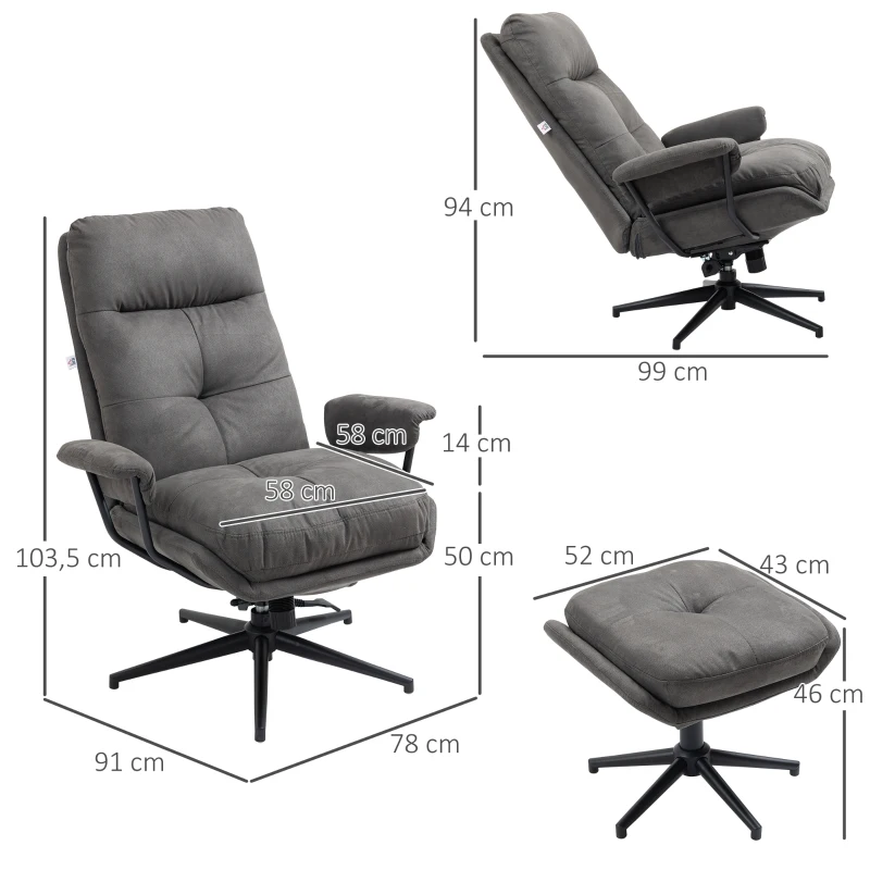 HOMCOM Poltrona de Relax com Otomana, Poltrona com Puff, Encosto Reclinável; Microfibra, Cinza Escuro