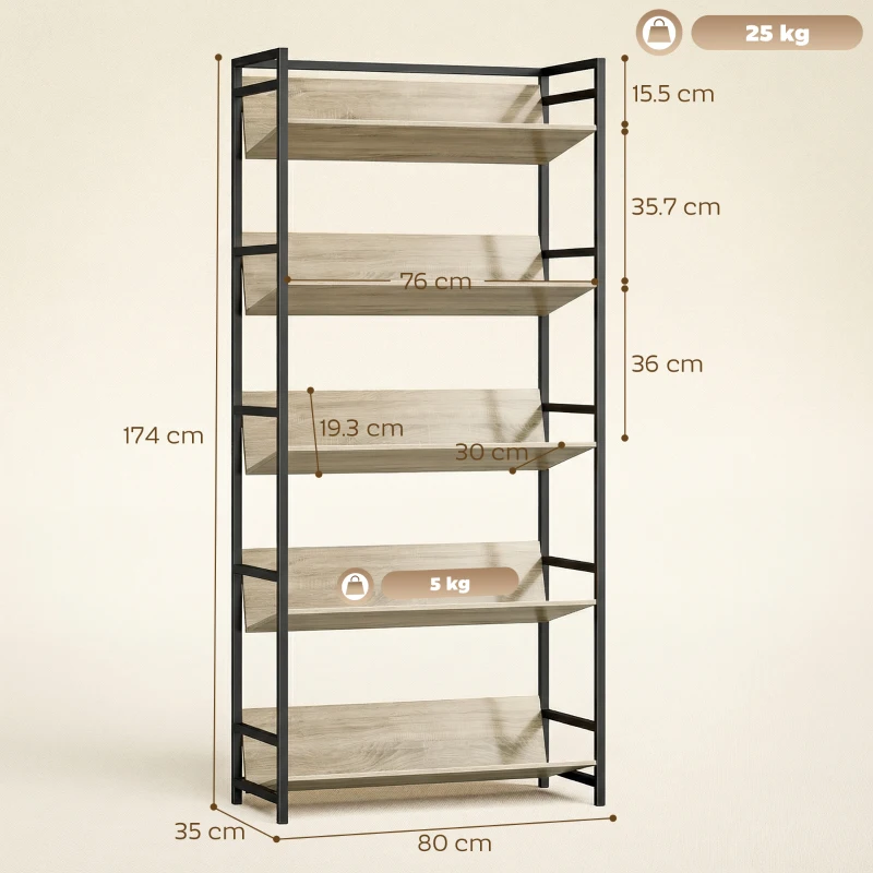 HOMCOM Bookshelf 5-Tier Metal Frame Bookcase Storage Shelves for Living Room Oak