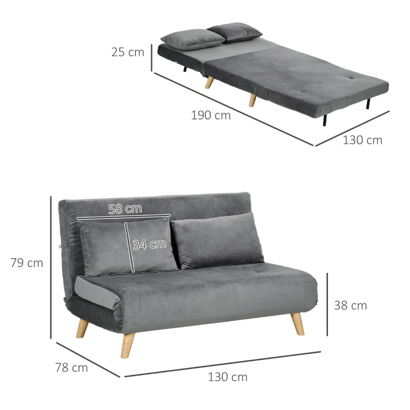 HOMCOM Sofá-cama Relax, incluí 2 almofadas, acabamento aveludado, 130 x 78 x 79 cm, Cinza
