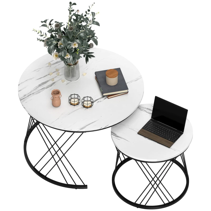HOMCOM Conjunto de Mesas de Centro 2 peças Efeito Mármore Aglomerado Metal Mesas de Café Redondas para Sala de Estar Encaixáveis Branco