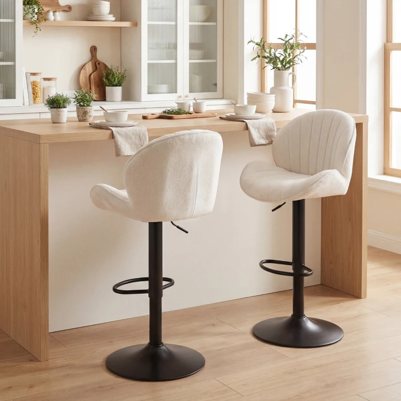 HOMCOM Bar Stools Set of 2, Swivel Barstools with Back, Adjustable Height and Footrest for Kitchen Island, Dining Room, Cream