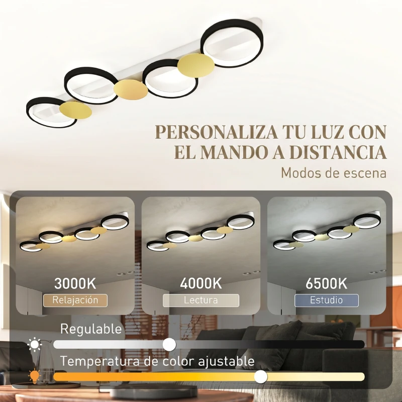 HOMCOM Lámpara de Techo Regulable con 4 Focos Mando a Distancia Modos de Escena 1500 lm 38 W 3000 K-6500 K Negro y Dorado