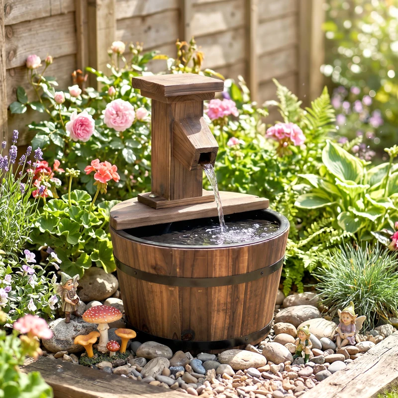 Outsunny Fonte elétrica para jardim ao ar livre com balde de madeira torneira bomba bacia decorativa fonte de ambiente jogo de água cascata para jardim relvado Ø27 x 37 cm carbonizada