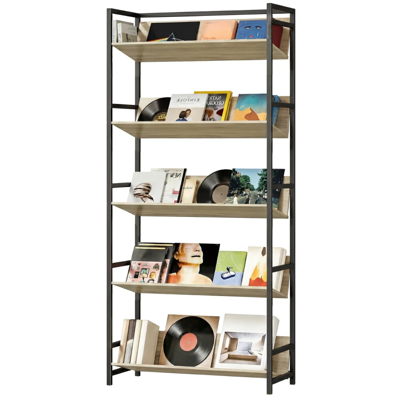 HOMCOM Bookshelf 5-Tier Metal Frame Bookcase Storage Shelves for Living Room Oak
