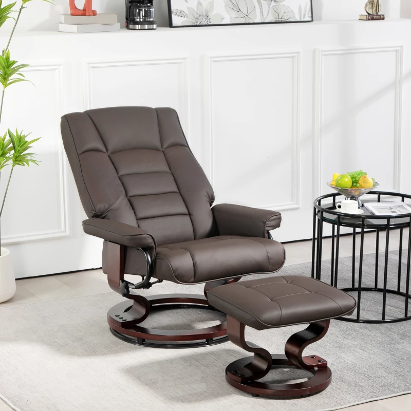 HOMCOM Poltrona Relax com Otomano, giratória e reclinável, revestimento em pele sintética, até 150 kg, estrutura em madeira, Castanho