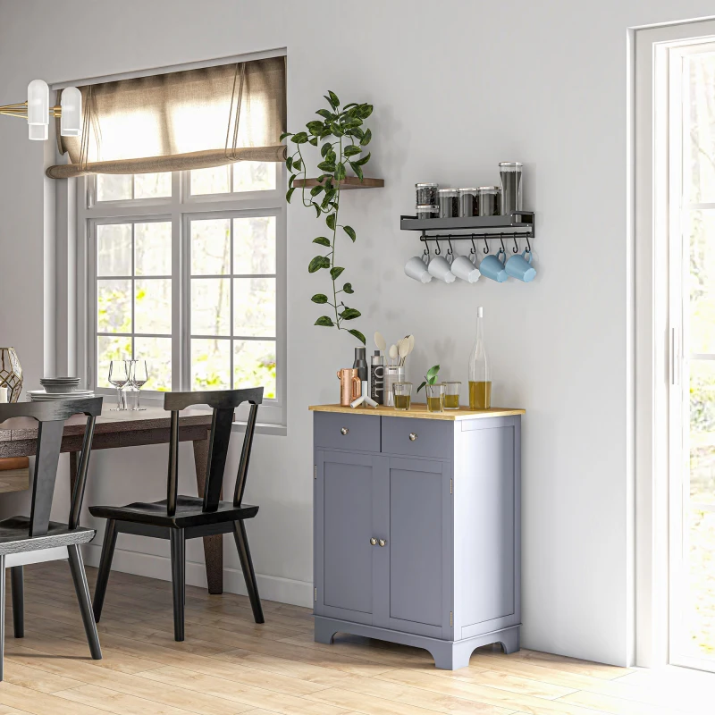 HOMCOM Side Storage Multi-use Sideboard Table Kitchen Floor Cabinet with Solid Wood Top, Adjustable Shelf, Drawer, Grey