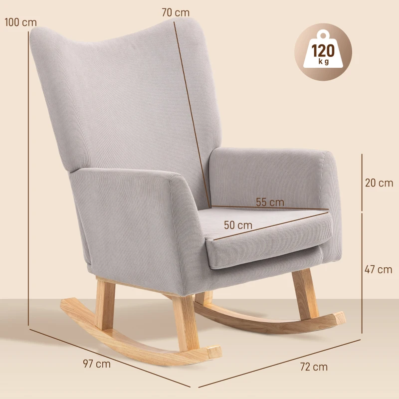 HOMCOM Poltrona de balanço em design retro, revestimento cotelê, madeira de seringueira, enchimento em espuma, encosto alto, poltrona estofada, Cinzento claro