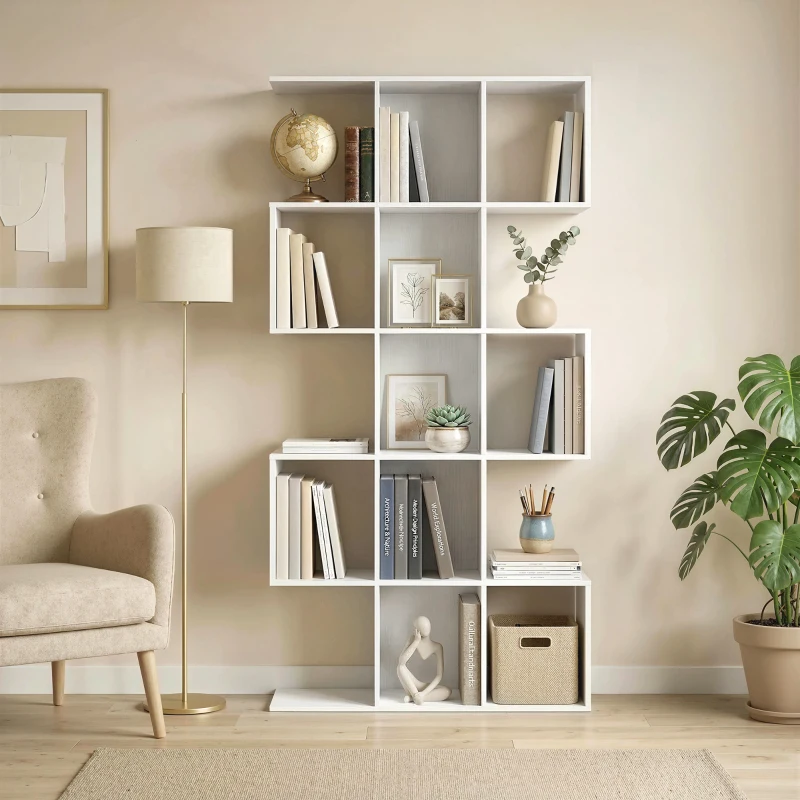 HOMCOM 5-Tier Bookshelf, S Shaped Geometric Bookcase with 15 Compartments, White Wood Effect