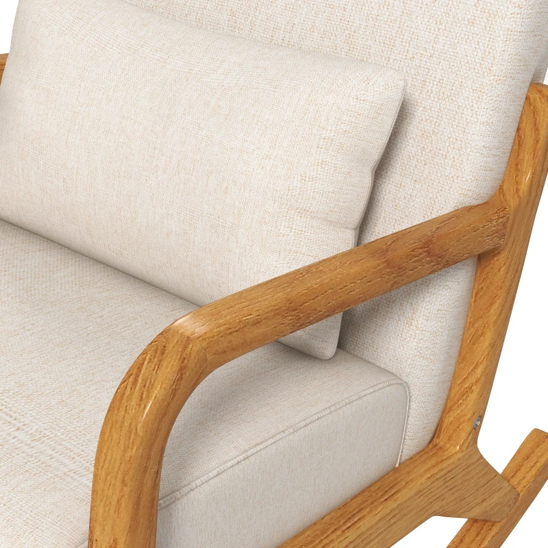HOMCOM Cadeira de balanço com design retrô, madeira de seringueira, 64,5 cm x 92 cm x 81,5 cm, bege + castanho
