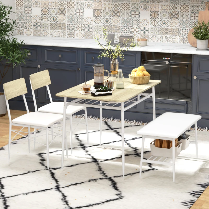 HOMCOM Conjunto de mesa de jantar de 4 peças com cadeiras e banco para 4 pessoas, assentos estofados, estrutura em aço, madeira, Carvalho