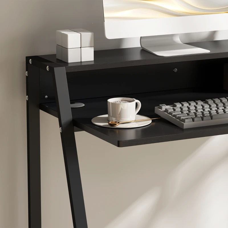HOMCOM Mesa de escritório, mesa para computador com prateleira e gestão de cabos, mesa moderna com estrutura metálica para escritório, quarto, home office, 84 x 45 x 85 cm, Preto