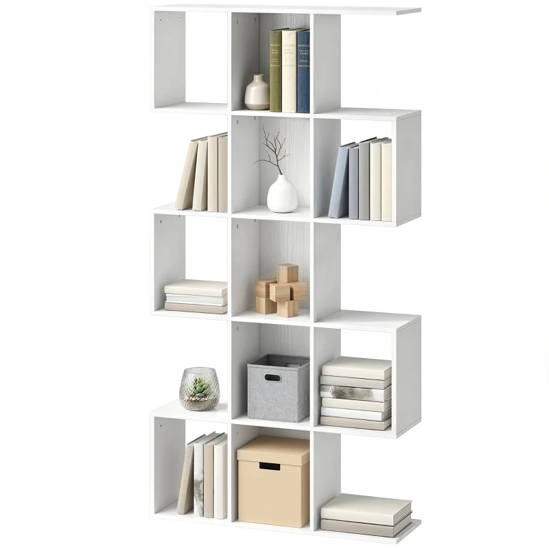 HOMCOM 5-Tier Bookshelf, S Shaped Geometric Bookcase with 15 Compartments, White Wood Effect