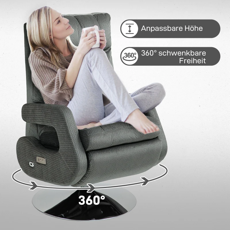 HOMCOM Poltrona reclinável, Poltrona estofada elétrica com porta USB e apoio para os pés, aparência aveludada, giratória, ajustável, Cinza