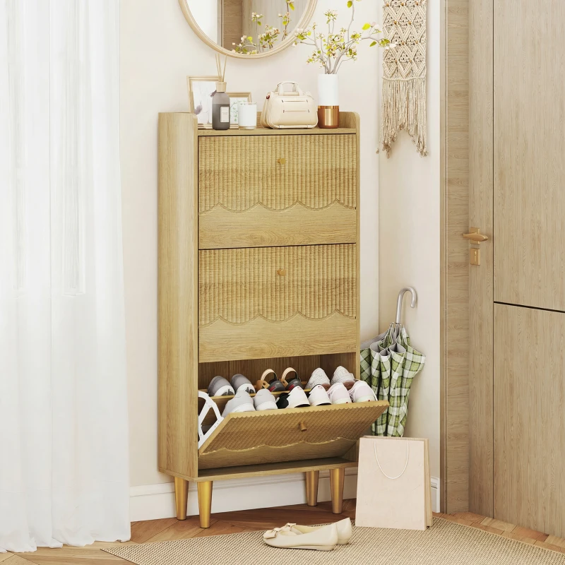 HOMCOM Narrow Shoe Cabinet, Modern Shoe Storage Cabinet with 3 Flip Drawers, Oak