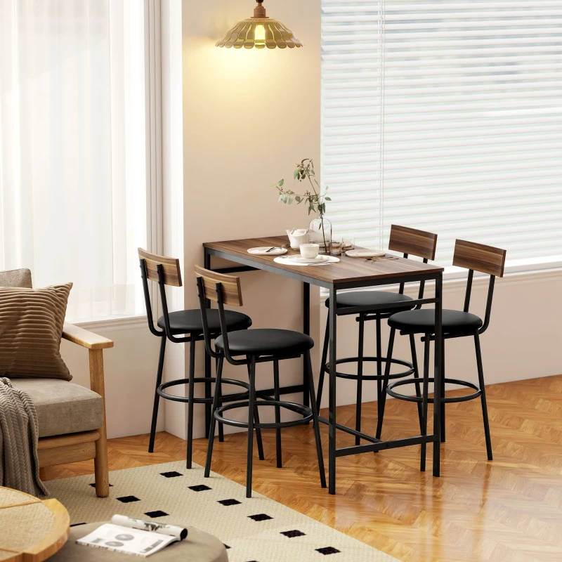 HOMCOM Conjunto de mesa de bar 5 peças com 4 bancos, design industrial, para cozinha, sala de jantar, madeira, aço, castanho
