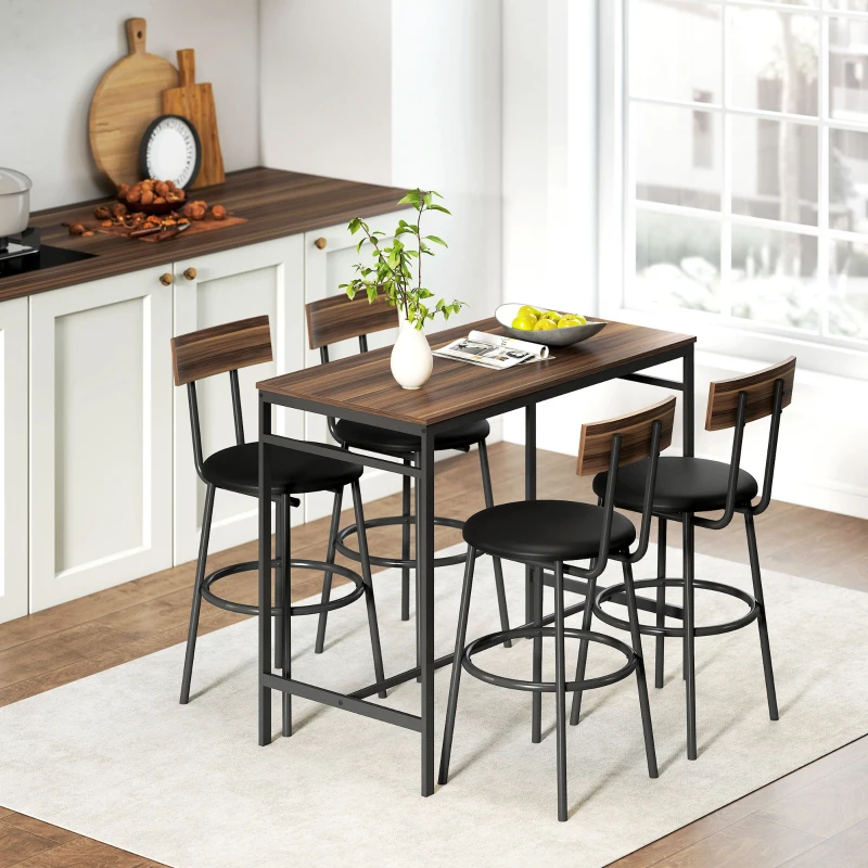 HOMCOM Conjunto de mesa de bar 5 peças com 4 bancos, design industrial, para cozinha, sala de jantar, madeira, aço, castanho