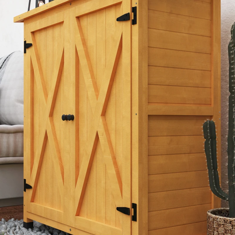 Outsunny Armário de jardim, Casinha de ferramentas em madeira, Armário resistente às intempéries com 2 portas e telhado de betume 110 x 55 x 117 cm, Amarelo
