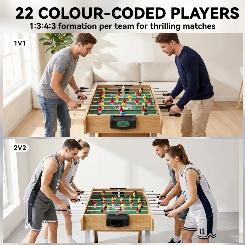 SPORTNOW 4ft Table Football, Foosball Game Table with 22 Players, 2 Balls and Manual Scorers for Family, Natural Wood Finish
