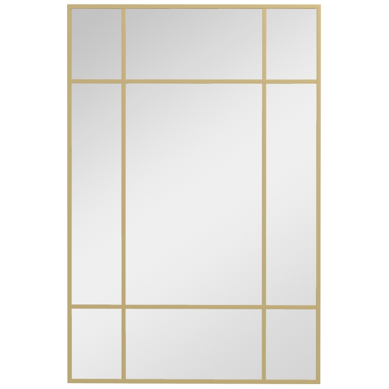 HOMCOM Miroir mural verrière rectangulaire style fenêtre, horizontal ou vertical avec 4 crochets, en métal doré - 90x60 cm