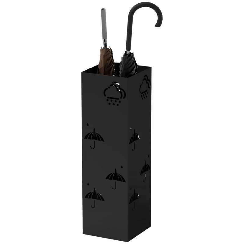 HOMCOM Suporte para guarda-chuvas em metal, 4 ganchos, padrão de nuvens e guarda-chuva, bandeja coletora, Preto