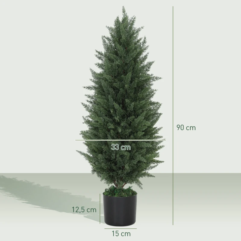 HOMCOM Conjunto de 2 Ciprestes Artificiais, árvores artificiais com 831 folhas, com vaso de cimento, resistentes aos UV, planta artificial, 90 cm, Verde