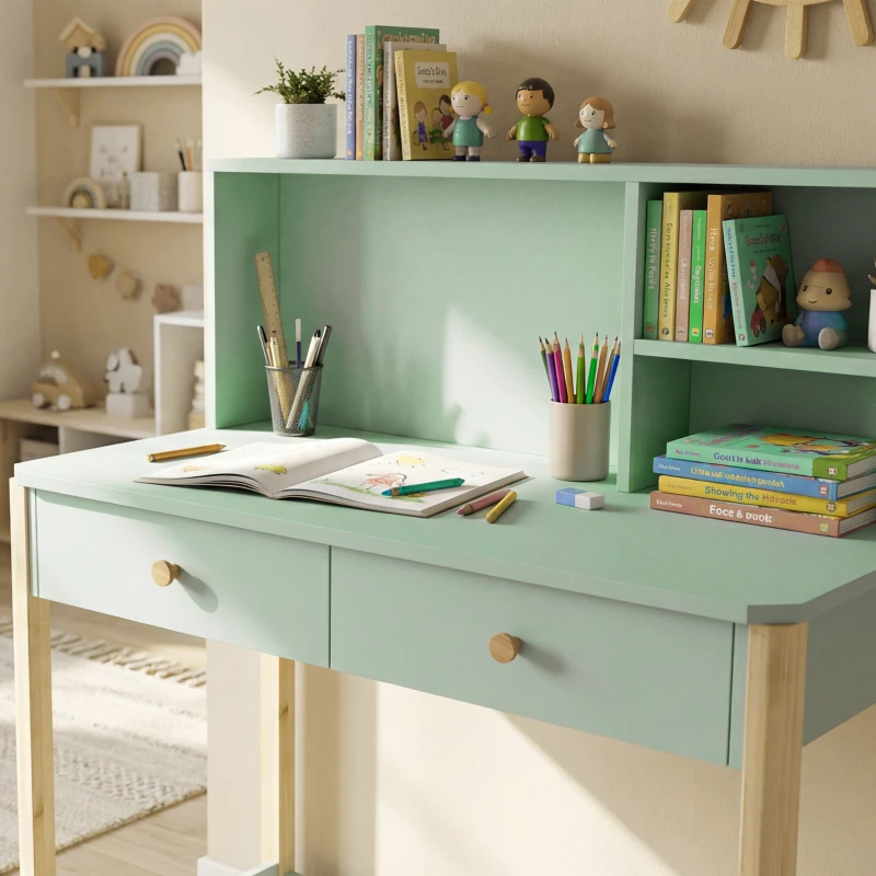 AIYAPLAY Escritorio Infantil Mesa de Escritorio para Niños con 3 Compartimentos Abiertos y 2 Cajones 90x52x105 cm Verde