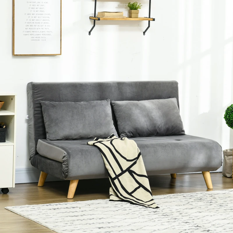 HOMCOM Sofá-cama Relax, incluí 2 almofadas, acabamento aveludado, 130 x 78 x 79 cm, Cinza