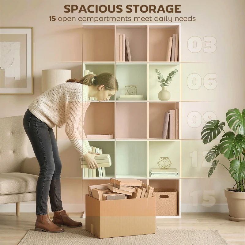 HOMCOM 5-Tier Bookshelf, S Shaped Geometric Bookcase with 15 Compartments, White Wood Effect