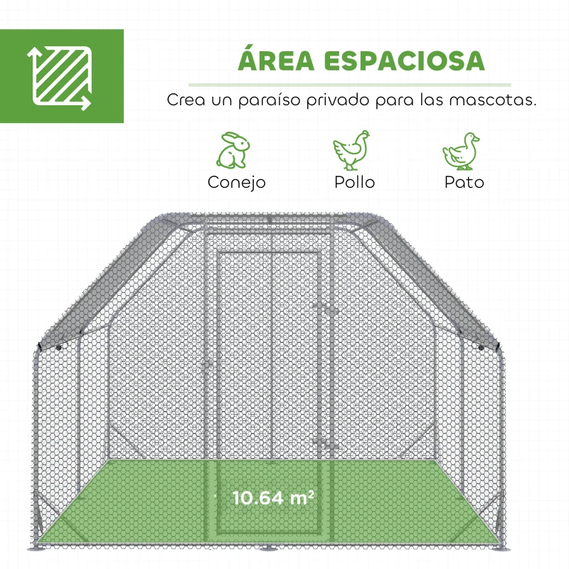 PawHut Gallinero para Exterior Grande 2,8x3,8x1,95 m Jaula de Gallinas de 2 Habitaciones Cubierta de Tela Oxford Anti-UV Plata