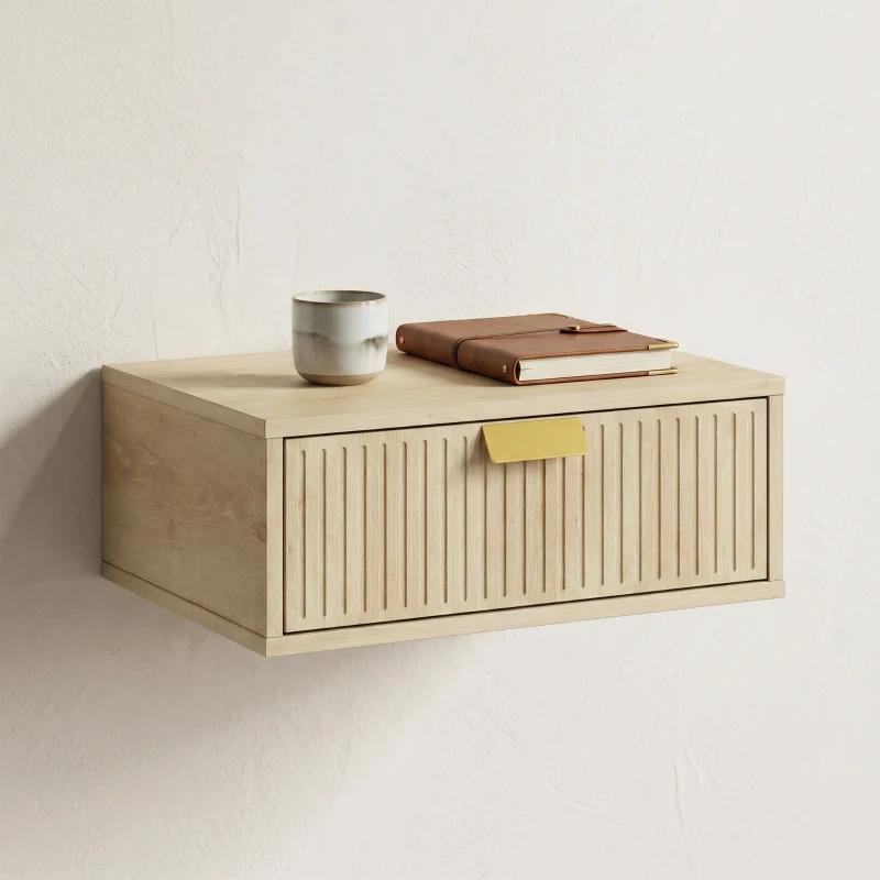 HOMCOM Modern Floating Nightstands Set of 2, Wall Mounted Bedside Tables with Wave Drawer Oak