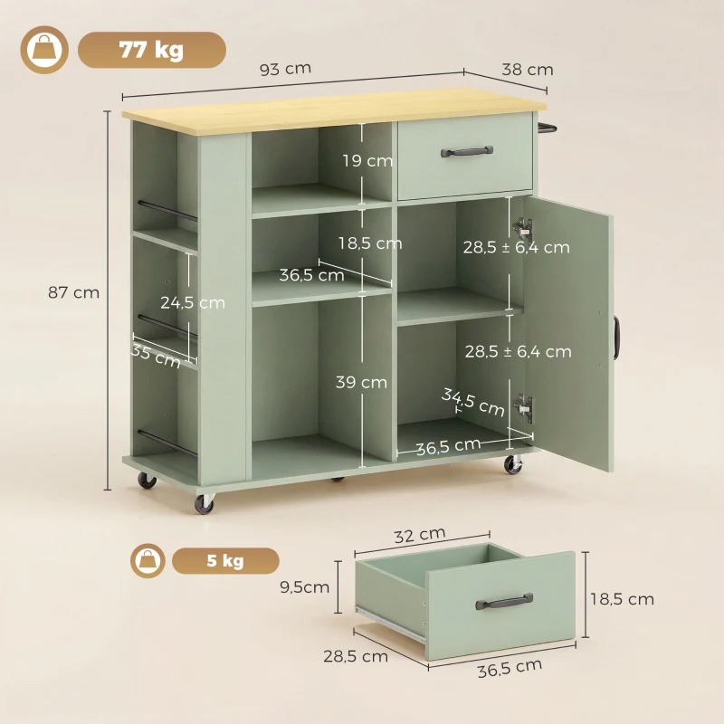 HOMCOM Desserte de cuisine à roulettes, îlot central cuisine avec tiroir, porte, compartiments ouverts et porte-épices, vert